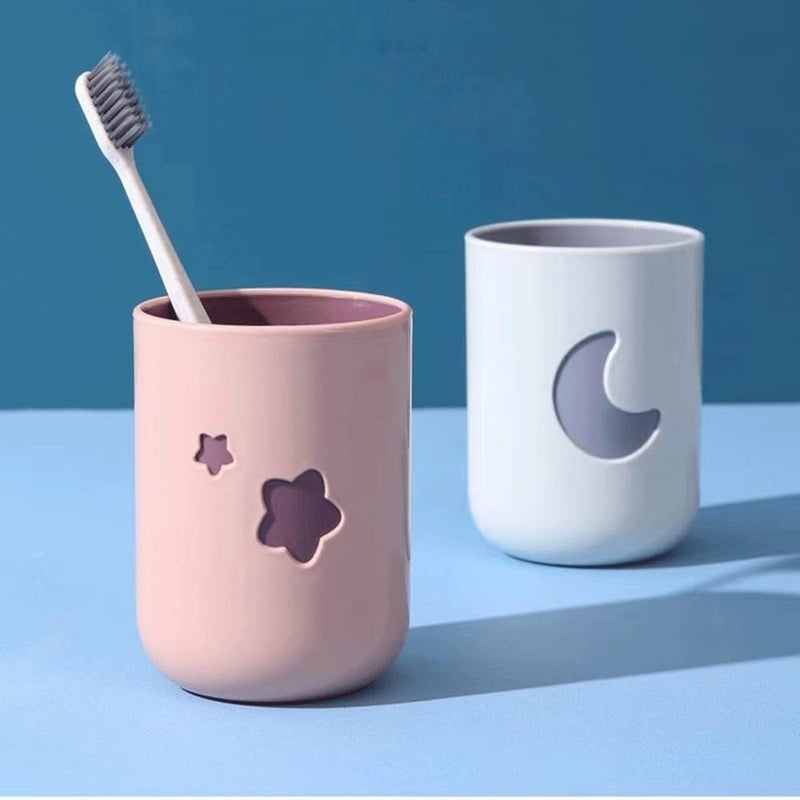 RabyLeo Two-Color Lucky Pair Cup Bathroom Toothbrush Cup Household Cartoon Star Moon Water Cup (Pink & White) - Image 2